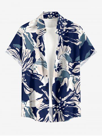 Chemise hawaïenne grande taille à imprimé floral et feuilles, boutons et poche pour homme - DEEP BLUE - 4XL