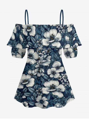 Plus Size Flowers Leaf Print Cold Shoulder Ruffles Cover Hawaii Blouse - PEACOCK BLUE - L