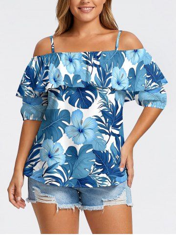 Plus Size Tropical Leaf Hibiscus Flower Print Hawaii Cold Shoulder Ruffles Blouse - BLUE - L
