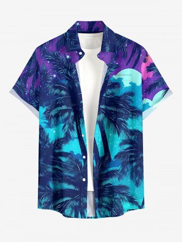Plus Size Coconut Tree Galaxy Cloud Moon Print Hawaii Button Pocket Shirt For Men - BLUE - L