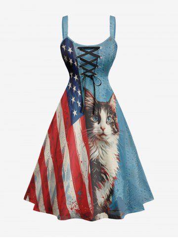 Plus Size Patriotic American Flag Cat Print Lace Up A Line Dress - LIGHT BLUE - 4X