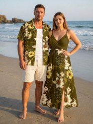 Ensemble de plage hawaïen assorti grande taille à imprimé fleurs et feuilles pour couples - Olive Verte 