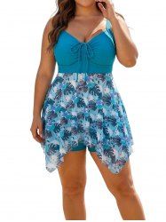 Plus Size Tropical Leaf Hibiscus Flower Print Cinched Boyleg Tankini Swimsuit (Adjustable Shoulder Strap) -  