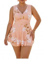 Maillot de bain tankini grande taille à imprimé fleurs, feuilles et branches, coupe shorty - orange clair L | US 12