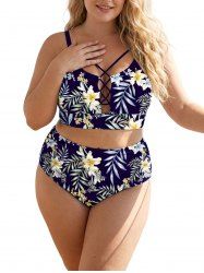 Tropical Leaves Branch Hibiscus Floral Printed Hawaii Lace Up Tankini Swimsuit (Adjustable Shoulder Strap) -  