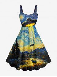 Robe débardeur grande taille à motif peinture à l'huile, lune, OVNI, vaches et montagne, style hawaïen - Bleu 4X