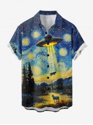 Oil Painting Moon UFO Cows Mountain Print Buttons Pocket Hawaii Shirt For Men -  
