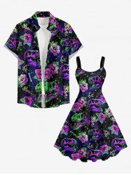 Tenue de plage hawaïenne assortie grande taille à imprimé fleurs, grenouilles, dinosaures et étoiles pour couples - Pourpre  