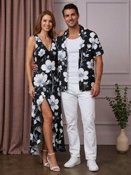 Flower Leaf Print Matching Hawaii Beach Outfit For Couples -  