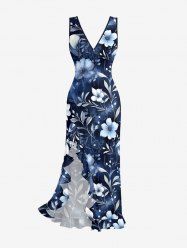 Robe hawaïenne à imprimé fleurs et feuilles, volants, fente et décolleté cache-cœur - Bleu profond S
