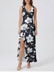 Robe hawaïenne à imprimé floral et feuilles, à volants et fente cache-cœur - Noir XXL