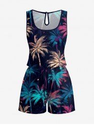 Plus Size Coconut Tree Galaxy Print Hawaii Drawstring Pocket Romper -  