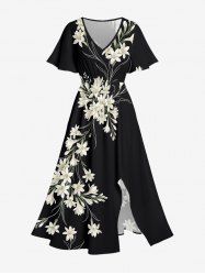 Plus Size Flowers Print Split Hawaii Midi Dress -  
