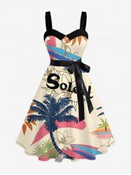 Plus Size Coconut Tree Sun Flower Letter Print Hawaii Button A Line Dress with Removable Belt - café lumière S