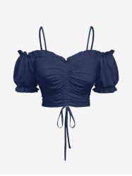 Cold Shoulder Puff Sleeve Cinched Solid Top -  