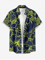 Tropical Leaf Hibiscus Flower Print Hawaii Button Pocket Shirt For Men -  