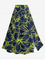 Tropical Leaf Hibiscus Flower Print Hawaii Split A Line Skirt - Bleu profond S