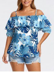 Tropical Leaf Hibiscus Flower Print Hawaii Cold Shoulder Ruffles Blouse - Bleu M