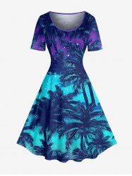 Coconut Tree Galaxy Cloud Moon Print Hawaii A Line Dress - Bleu 2X