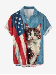 Patriotic American Flag Cat Print Button Pocket Shirt For Men -  