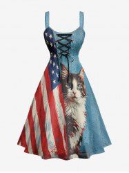 Patriotic American Flag Cat Print Lace Up A Line Dress -  