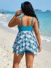 Plus Size Tropical Leaf Hibiscus Flower Print Cinched Boyleg Tankini Swimsuit (Adjustable Shoulder Strap) -  