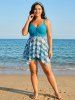 Plus Size Tropical Leaf Hibiscus Flower Print Cinched Boyleg Tankini Swimsuit (Adjustable Shoulder Strap) -  