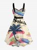 Plus Size Coconut Tree Sun Flower Letter Print Hawaii Button A Line Dress with Removable Belt - café lumière S