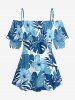 Tropical Leaf Hibiscus Flower Print Hawaii Cold Shoulder Ruffles Blouse - Bleu M