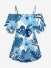 Tropical Leaf Hibiscus Flower Print Hawaii Cold Shoulder Ruffles Blouse - Bleu M
