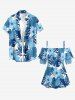 Tropical Leaf Hibiscus Flower Print Hawaii Cold Shoulder Ruffles Blouse - Bleu M