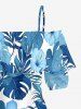 Tropical Leaf Hibiscus Flower Print Hawaii Cold Shoulder Ruffles Blouse - Bleu M