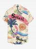 Coconut Tree Sun Flower Letter Print Hawaii Button Pocket Shirt For Men -  