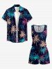 Plus Size Coconut Tree Galaxy Print Hawaii Drawstring Pocket Romper -  