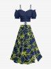 Tropical Leaf Hibiscus Flower Print Hawaii Split A Line Skirt - Bleu profond S