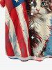 Patriotic American Flag Cat Print Button Pocket Shirt For Men -  