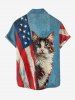 Patriotic American Flag Cat Print Button Pocket Shirt For Men -  