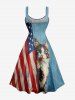Patriotic American Flag Cat Print Lace Up A Line Dress -  