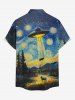 Oil Painting Moon UFO Cows Mountain Print Buttons Pocket Hawaii Shirt For Men -  