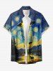 Oil Painting Moon UFO Cows Mountain Print Buttons Pocket Hawaii Shirt For Men -  