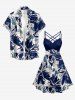 Robe hawaïenne grande taille à imprimé floral et feuilles, froncée et bretelles croisées. - Bleu profond 1X