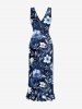 Robe hawaïenne à imprimé fleurs et feuilles, volants, fente et décolleté cache-cœur - Bleu profond XS