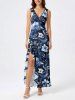 Robe hawaïenne à imprimé fleurs et feuilles, volants, fente et décolleté cache-cœur - Bleu profond XS
