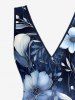 Robe hawaïenne à imprimé fleurs et feuilles, volants, fente et décolleté cache-cœur - Bleu profond XS