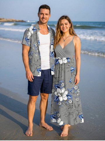 Ensemble de plage hawaïen assorti grande taille à imprimé fleurs et feuilles pour couples - GRAY