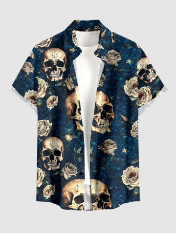 Plus Size Skull Rose Flower Print Buttons Pocket Hawaii Shirt For Men - CADETBLUE - 4XL