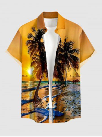 Plus Size Coconut Tree Sun Seascape Print Buttons Pocket Hawaii Shirt For Men - GOLDEN BROWN - 4XL