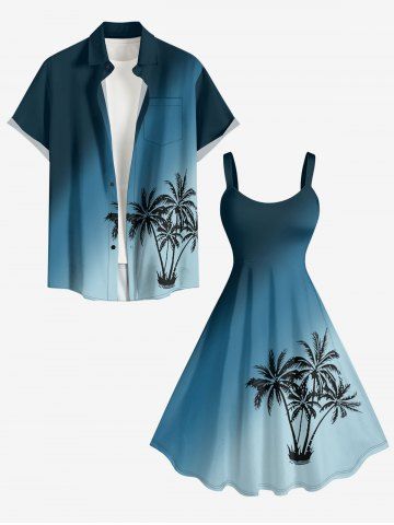 Coconut Tree Ombre Print Plus Size Matching Hawaii Beach Outfit For Couples - PEACOCK BLUE