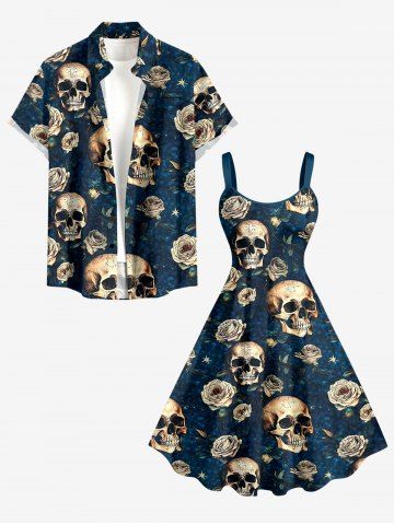 Skull Rose Flower Print Plus Size Matching Hawaii Beach Outfit For Couples - PEACOCK BLUE