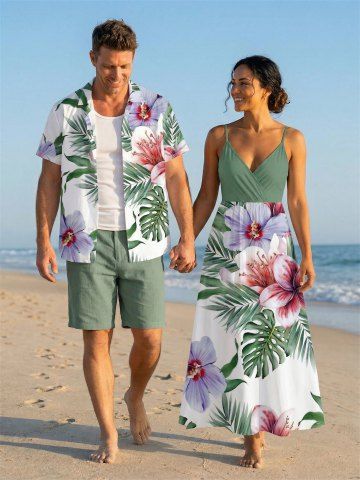 Flowers Tropical Leaf Print Plus Size Matching Hawaii Beach Outfit For Couples - LIGHT GREEN